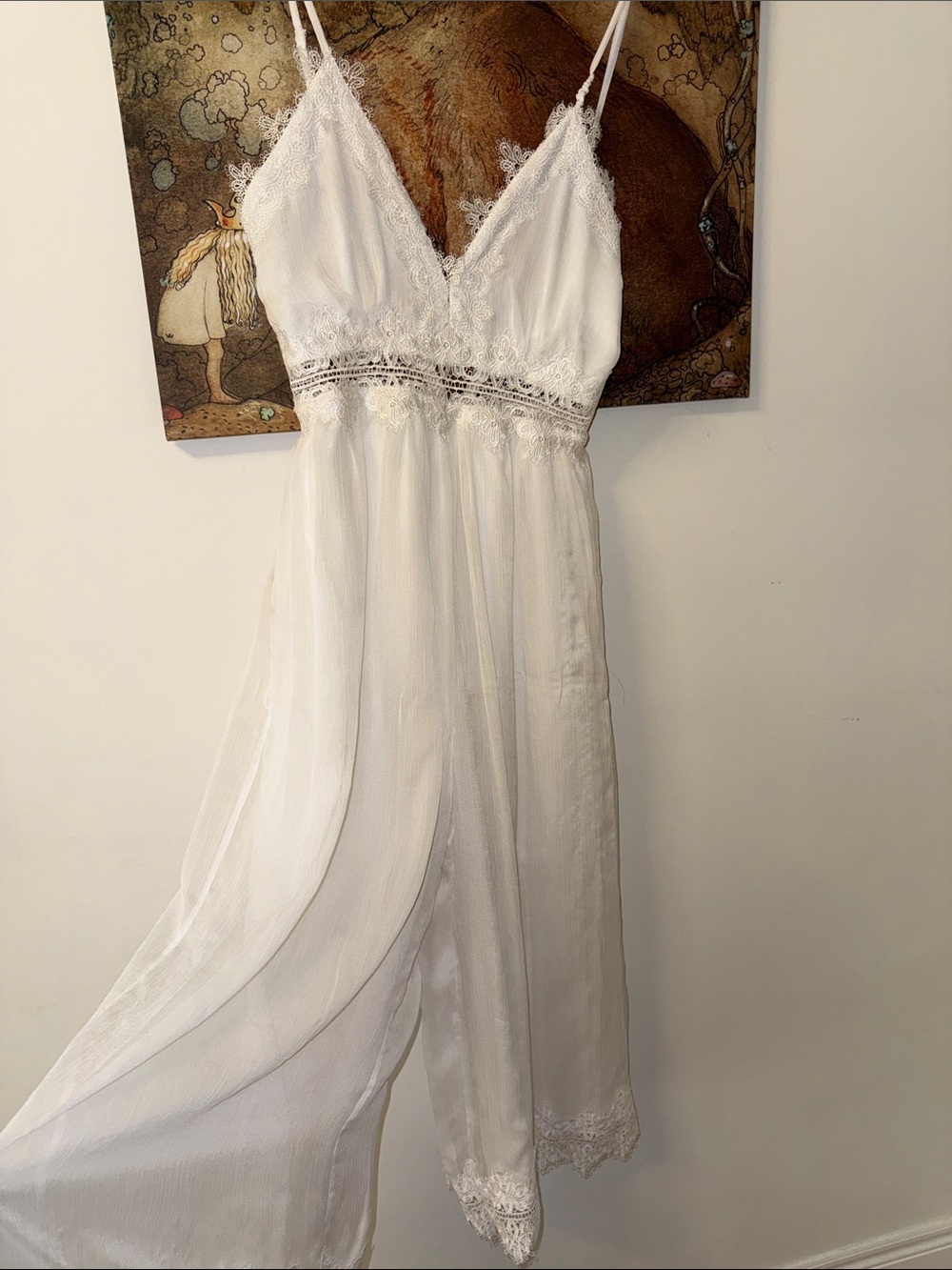 White Lace Trim Spaghetti Strap Flowy Jumpsuit